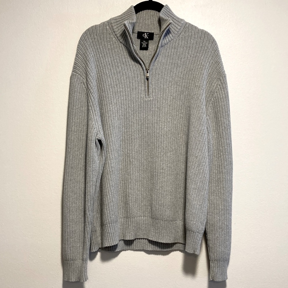 Calvin Klein Quarter Zip Grey Sweater, 100% Cotton Knit, Men’s Size XL, Gray